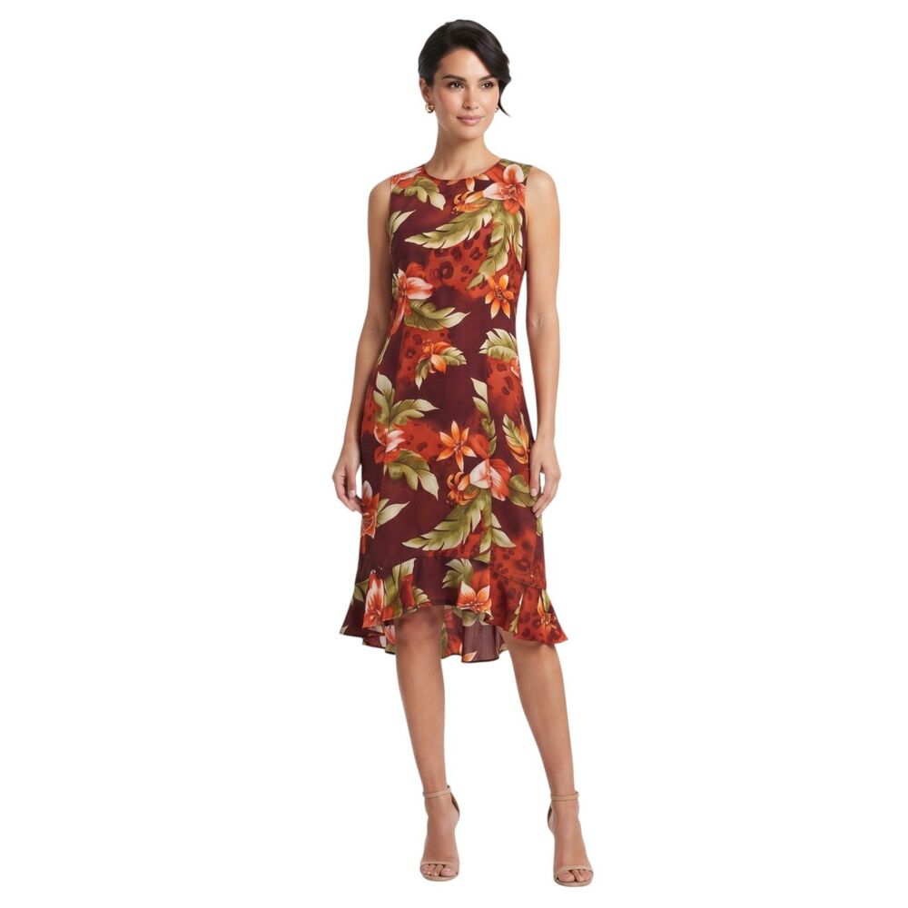 Women's Floral Print Ruffle Hem 100% Silk Sleeveless Dress Size MED